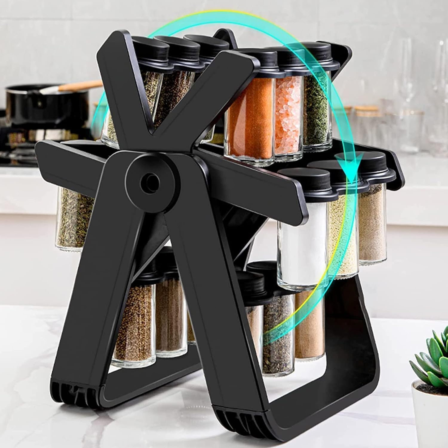 Étagère à épices rotative noire avec 18 boîtes à épices pour comptoirs de cuisine, armoires, pots d'assaisonnement, étagères