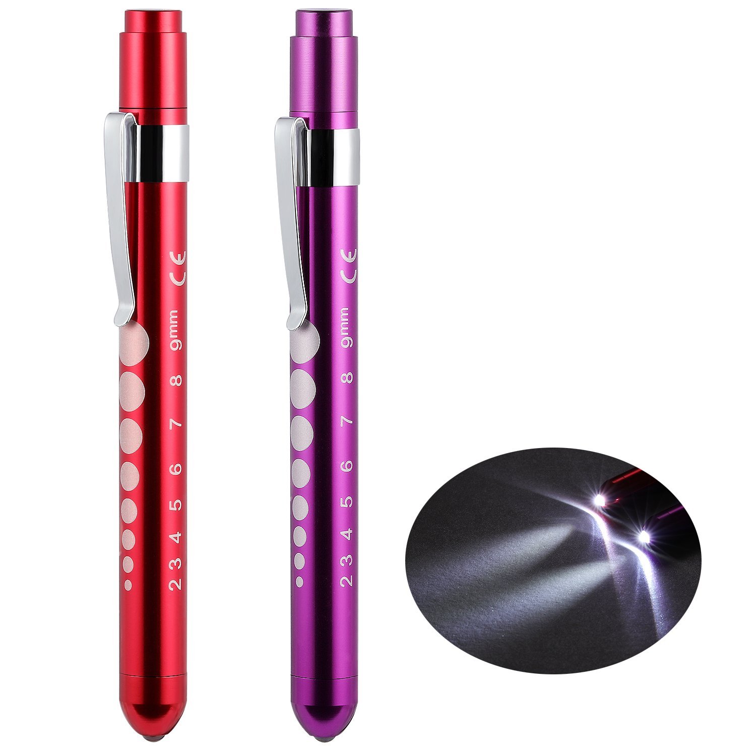 2 Pieces LED Pen Light Nurse Penlight with Pupil Gauge