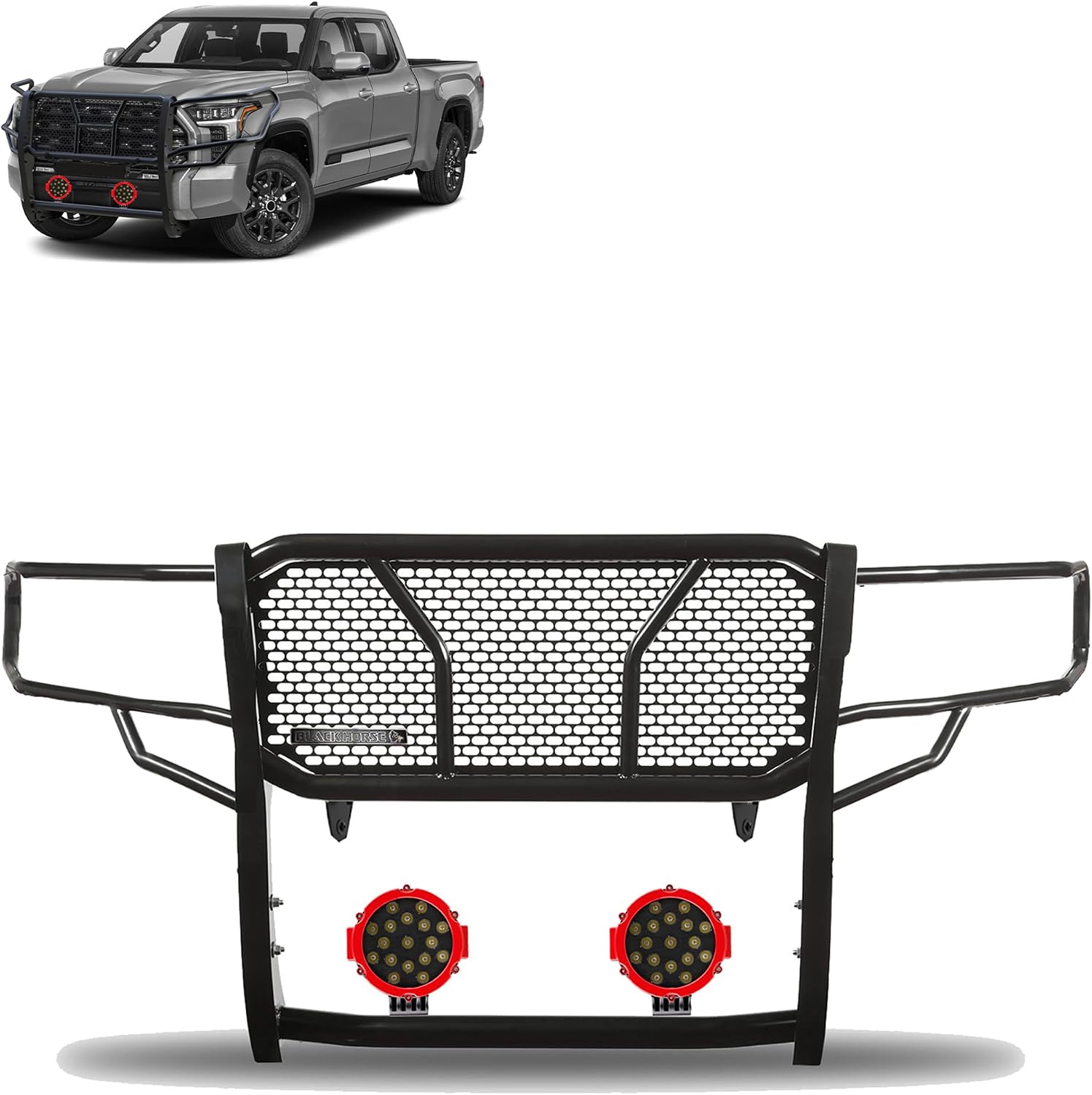 Black Horse RUGGED Heavy Duty Grille Brush Bumper Guard Modular Black Come With pair of 7.0"Dia.LED Lights with Red Trim Rings Compatible with 2022-2026 Toyota Tundra-RU-TOTU22-B-PLR