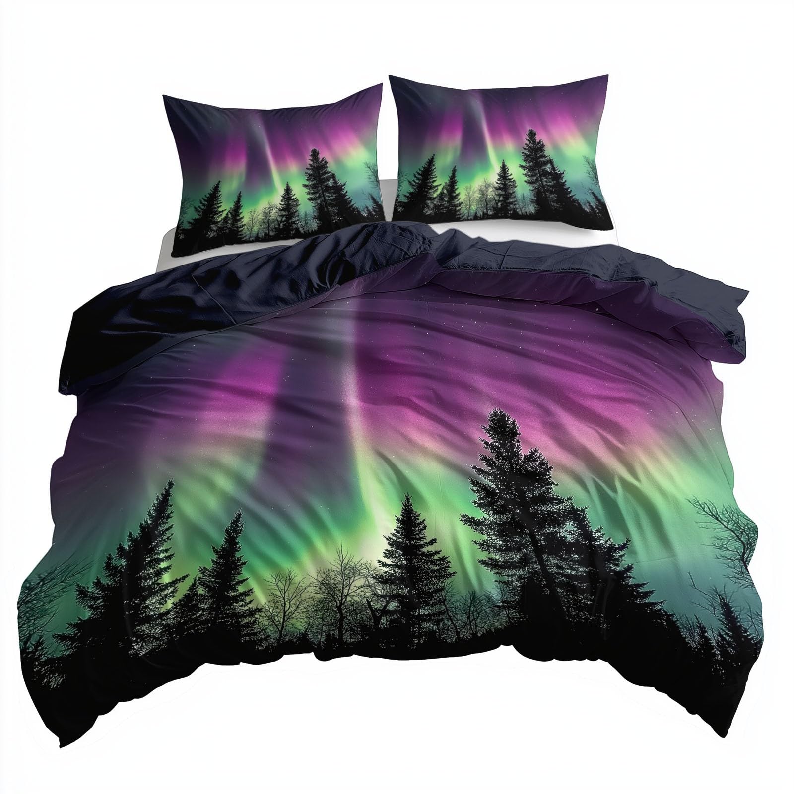 Dunkelblau Bettwäsche Set, Naturlandschaft Nordlichter Bäume Bettwäsche-Sets Weich Atmungsaktiv mit Reißverschluss Enthält 1 Bettbezug 155 x 220 cm und 2 Kissenbezüge 80x80 cm