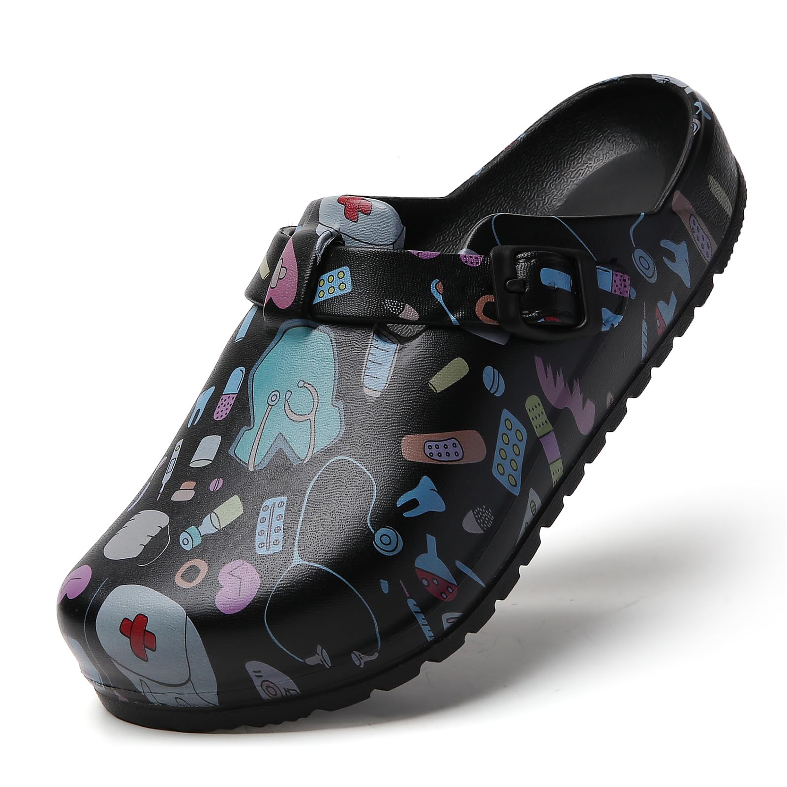 Womens Work Clogs Arch Support Slip-On Mules Slip Resistant Garden Nurse Chef Kitchen Shoes Cushioned Printed Sandals Slippers-image-36