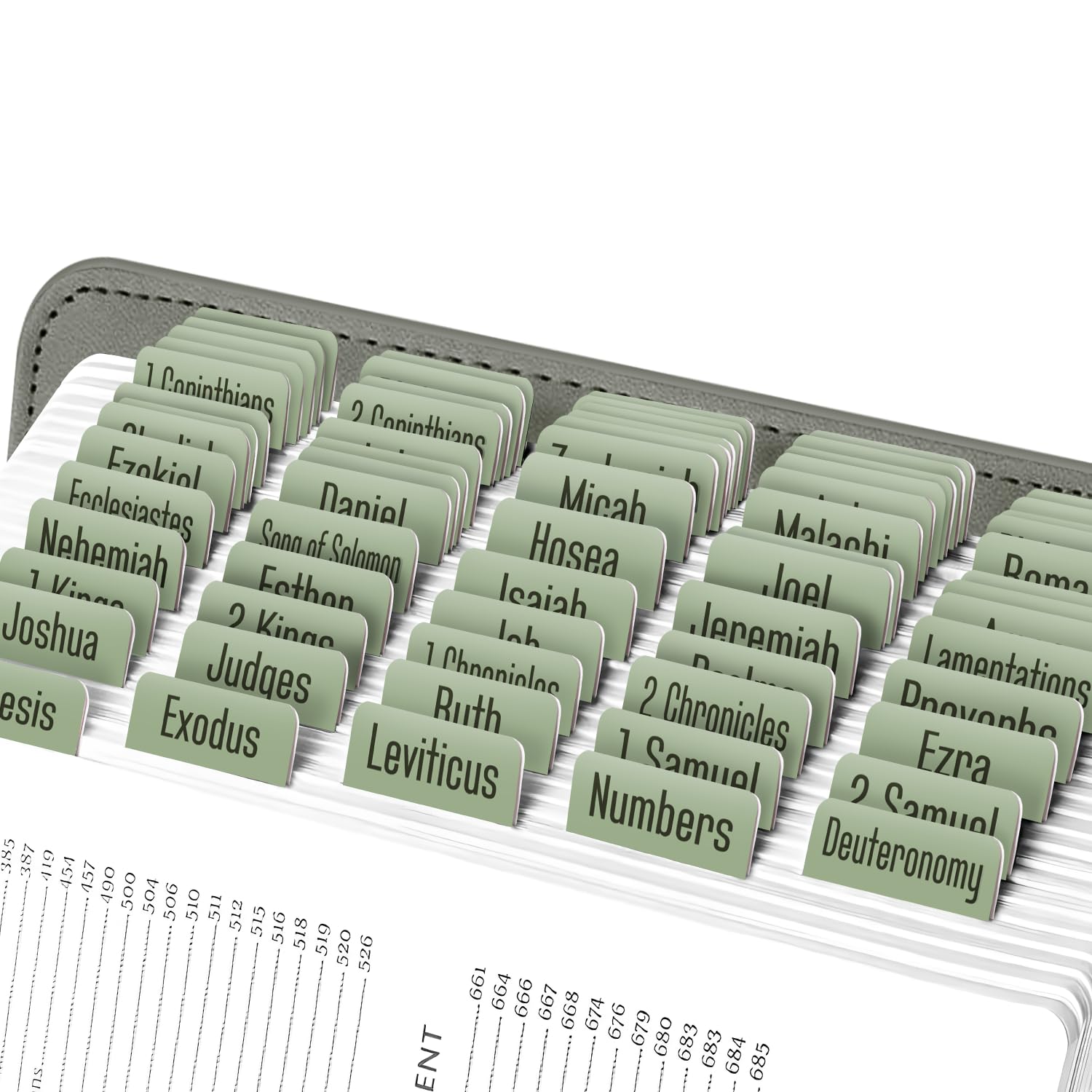 EssexWares - Green Sage Bible Tabs for Old and New Testament, 80 Large Print Tabs for Bible Study, Water-Resistant and Durable Index Tabs for Women and Men - 1.7" Wide