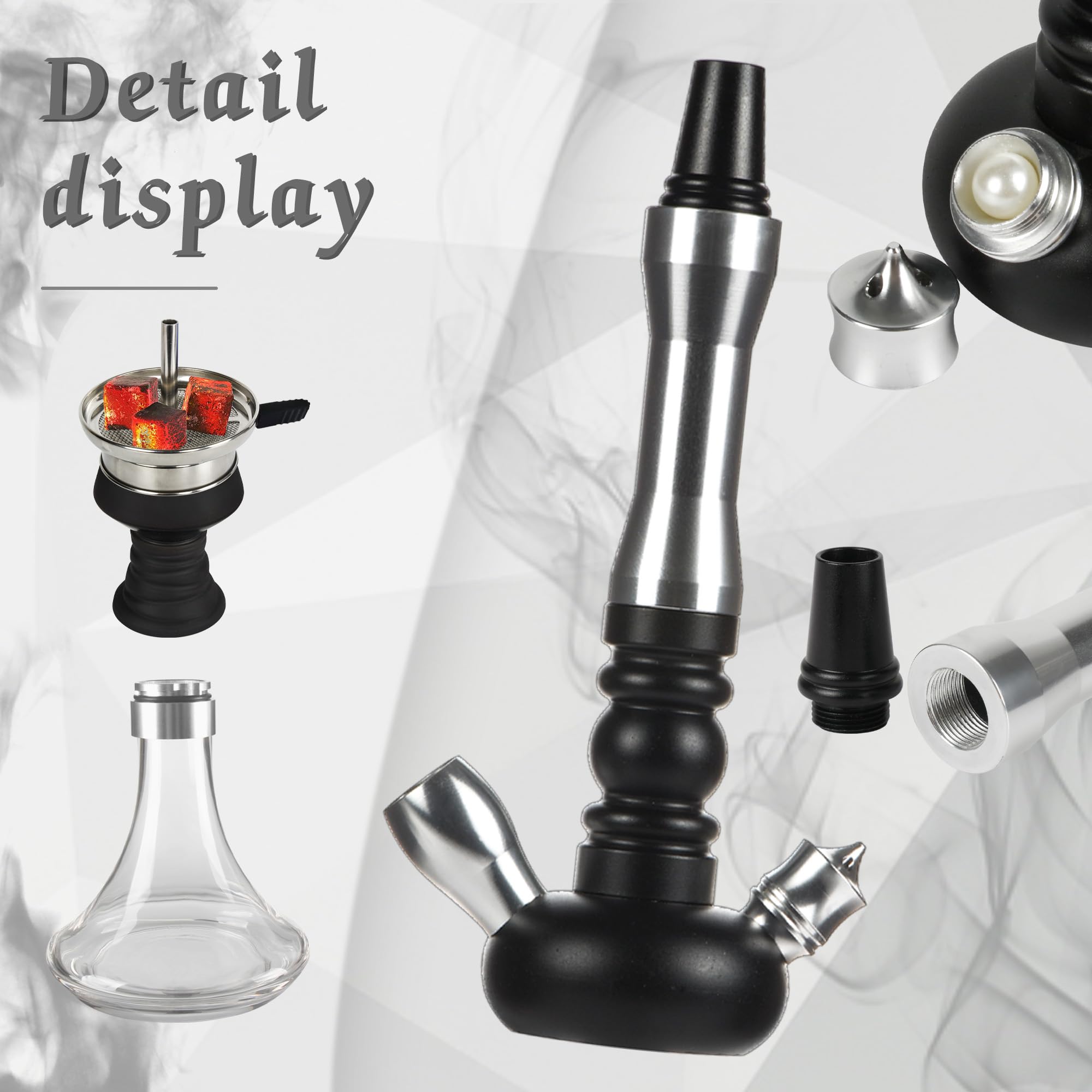 Glass Hookah Set completo con todo de aleación de aluminio con difusor Manguera de silicona lavable Caucho Chisha Bowl Dispositivo de gestión de calor Pinzas de carbón(Transparencia)