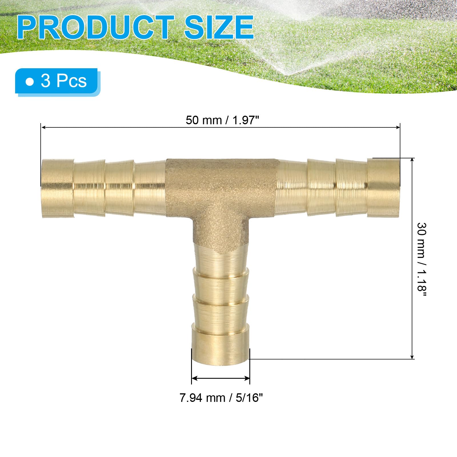 PATIKIL 5/16" Raccordo A T In Ottone Per Tubi, 3 Pezzi 3 Vie Union Intersezione A Forma Di T Con Barbe Divise Per Aria Acqua Carburante Gas Liquido, Dorato