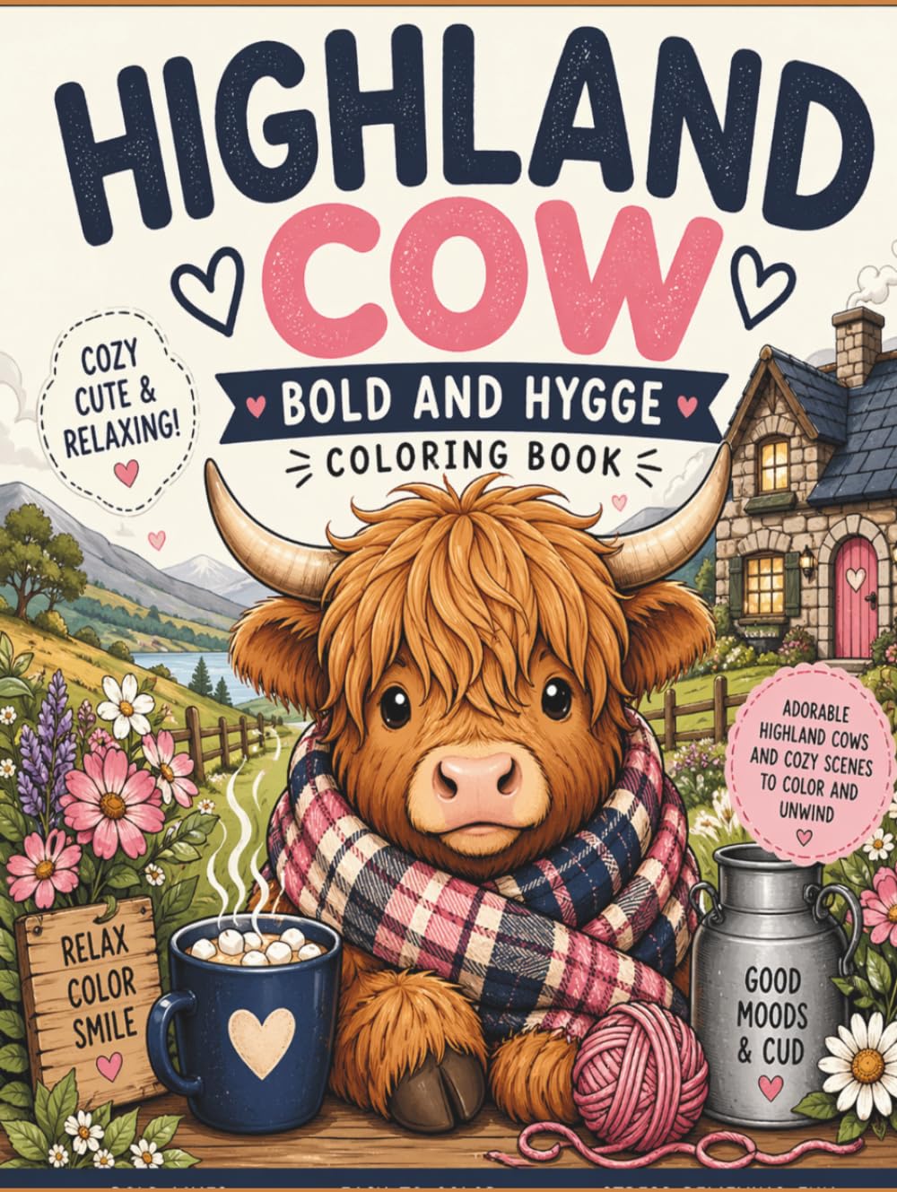 Highland Cow Coloring Book for Adults and Kids: Bold and Easy Hygge Farm Animal Designs with Cute Cows, Cozy Scenes, and Relaxing Country Life