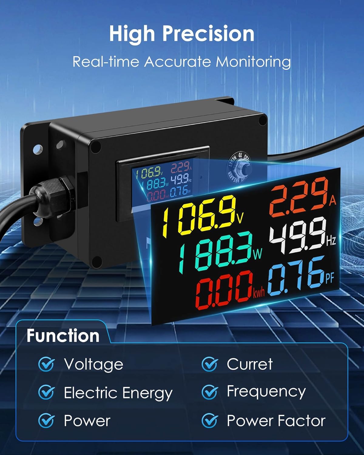 20A AC Power Meter, 125V NEMA 5-15P to NEMA 5-20R Outlet Monitor, LCD Display Digital Multimeter Tester, Multifunction Energy Monitor Voltage Current Frequency Power Factor