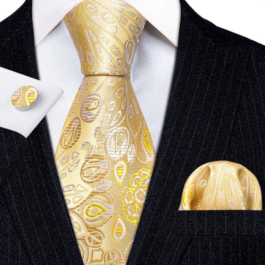 Mens Ties Set Gold Floral Silk Necktie Pocket Square Cufflinks Wedding Business Gift