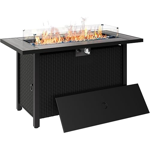 45 inch Outdoor Propane Fire Pit 50,000 BTU Gas Fire Pit Table with Lid, Glass Wind Guard, Waterproof Cover, Rectangle Gas Firepit Table for Garden/Patio, CSA Certification