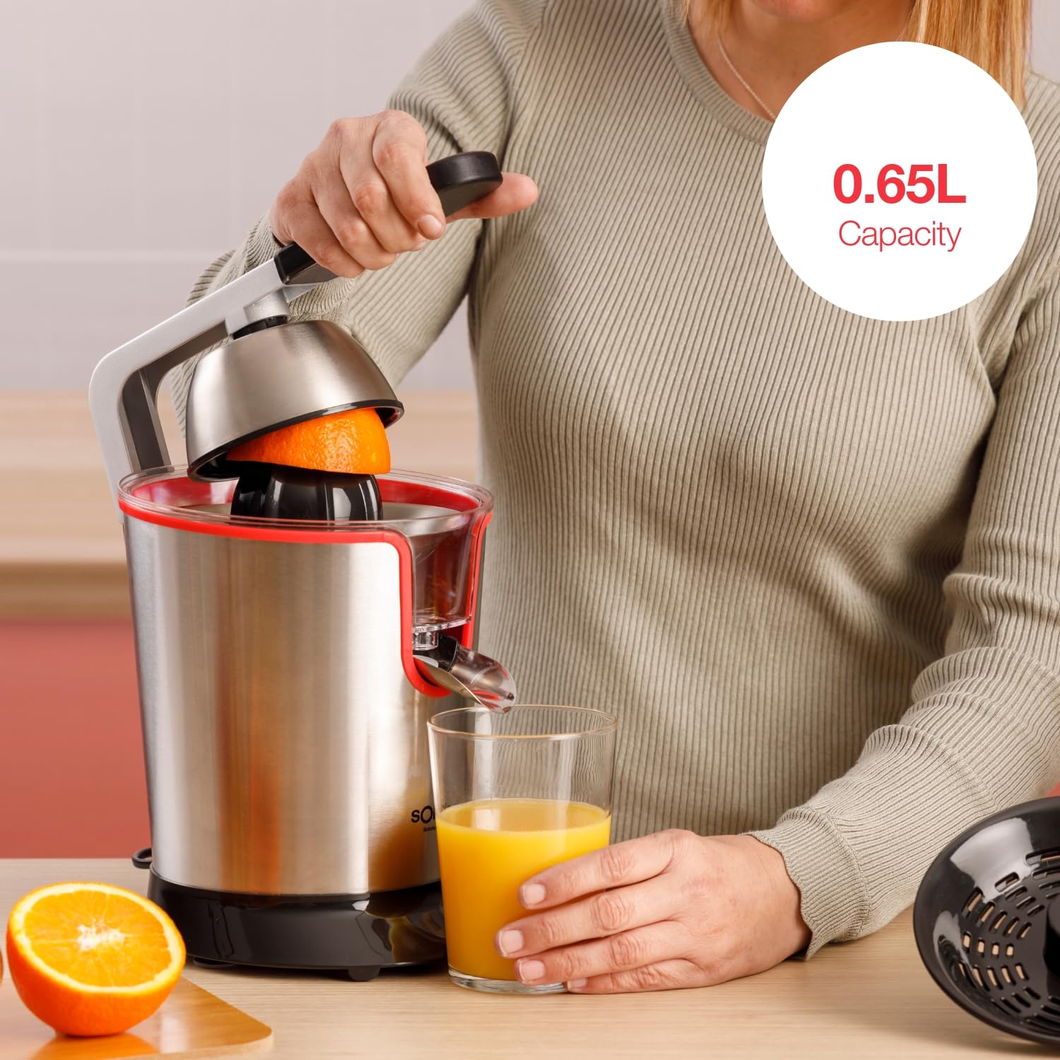 Solac - Spremiagrumi elettrico Solution 600W, In acciaio inox, Professionale, 2 Coni per spremere arance e limoni, Versamento continuo, Motore AC, Sistema antigoccia, Lavabile in lavastoviglie