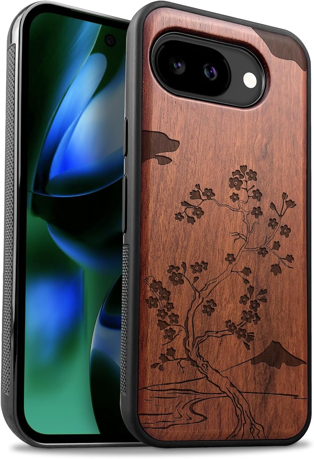 Carveit Magnetic Wooden Case for Google Pixel 10a Case, Wood Artisan Engraved & Soft TPU Shockproof Cover, Compatible with MagSafe Wireless Chargers (Cherry Blossom with Mount Fuji) Rosy