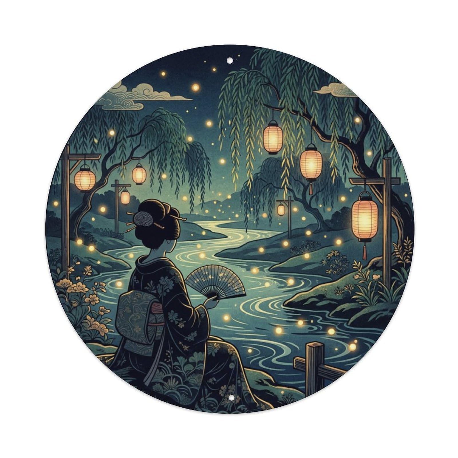 Cwbufd Vintage Style Japanese Kimono Lady Firefly Night River Magical Scene Vintage Metal Tin Sign Plaque Wall Decor For Cafe, Club Bar, Office, Garden Metal Poster 8X8inch