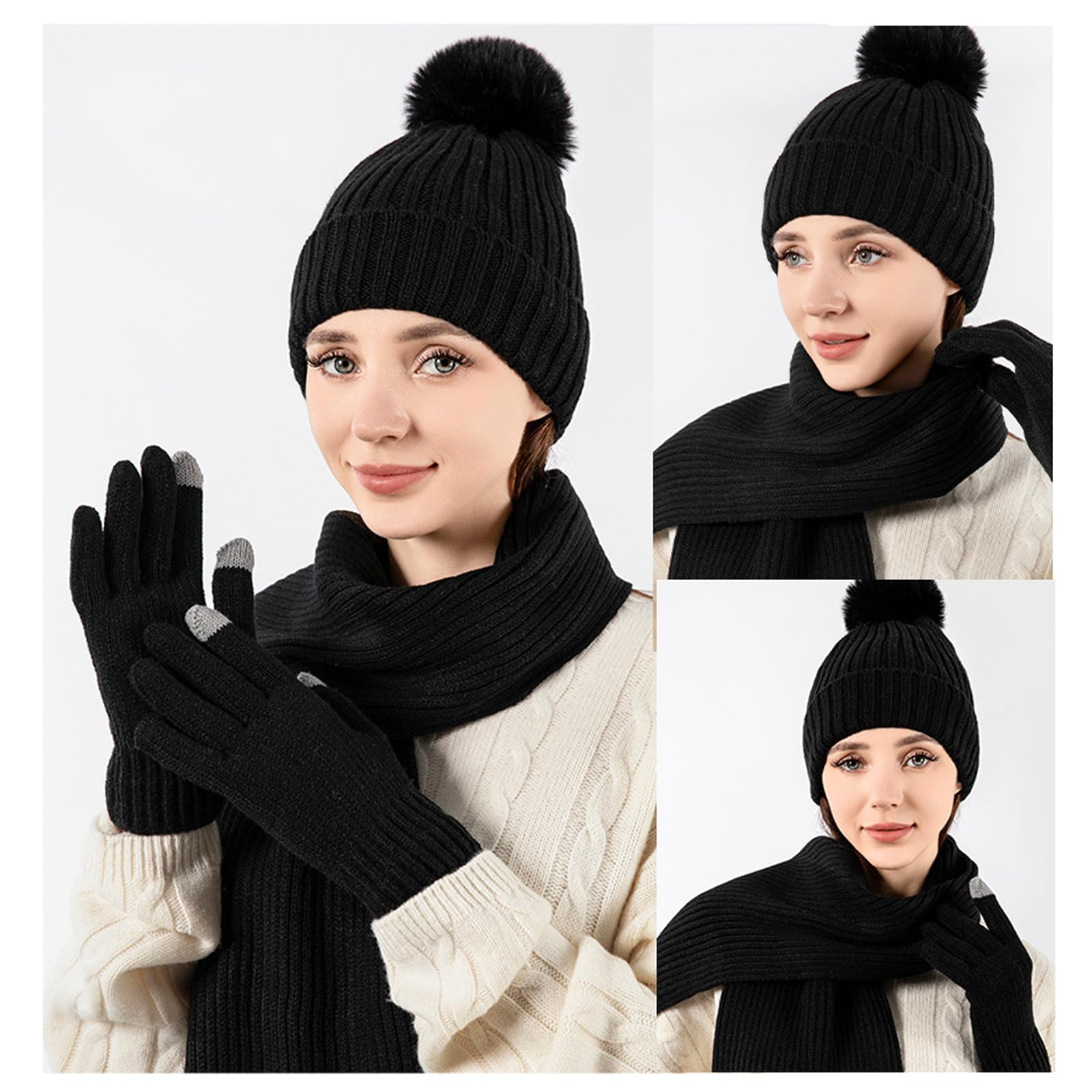 Ulepszony zestaw czapek i szalików 3 w 1, zimowy ciepły, zimowy ciepły kapelusz kobiet Pom Pom,Black