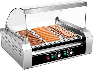 Happygrill Hot Dog Roller Machine, 11 Non-Stick Rollers 30 Sausage Grill Cooker with Removable Stainless Steel Drip Tray and Glass Hood Cover, Hot dog Roller Grill Cooker