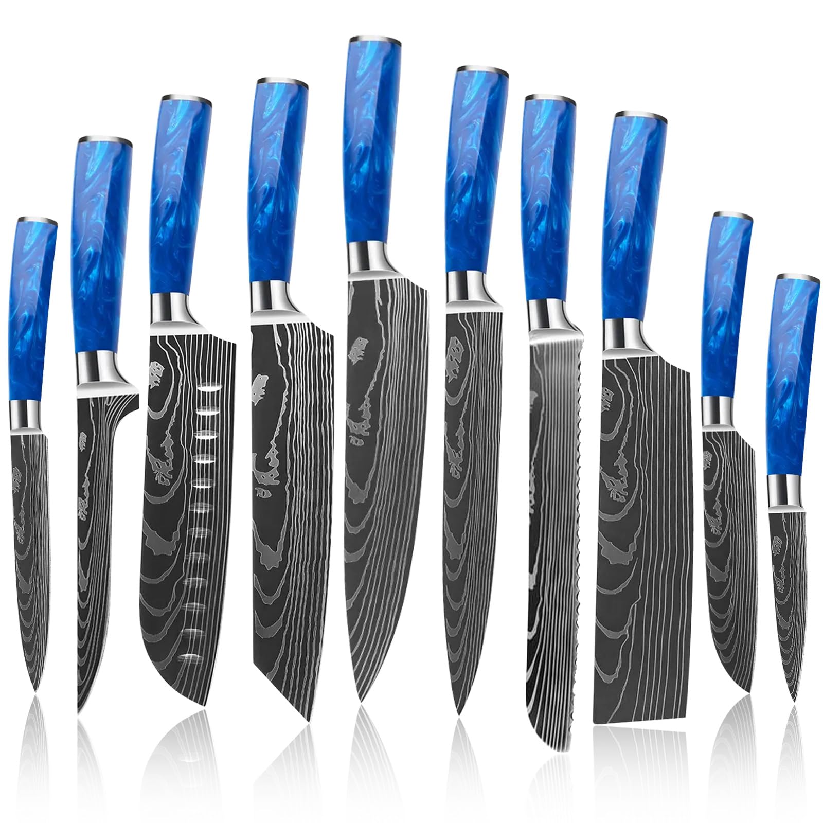 MAXCOOK Chef Knife Set Professional Blue Handle 10 Pieces Chef`s Knives Stainless Steel Damascus