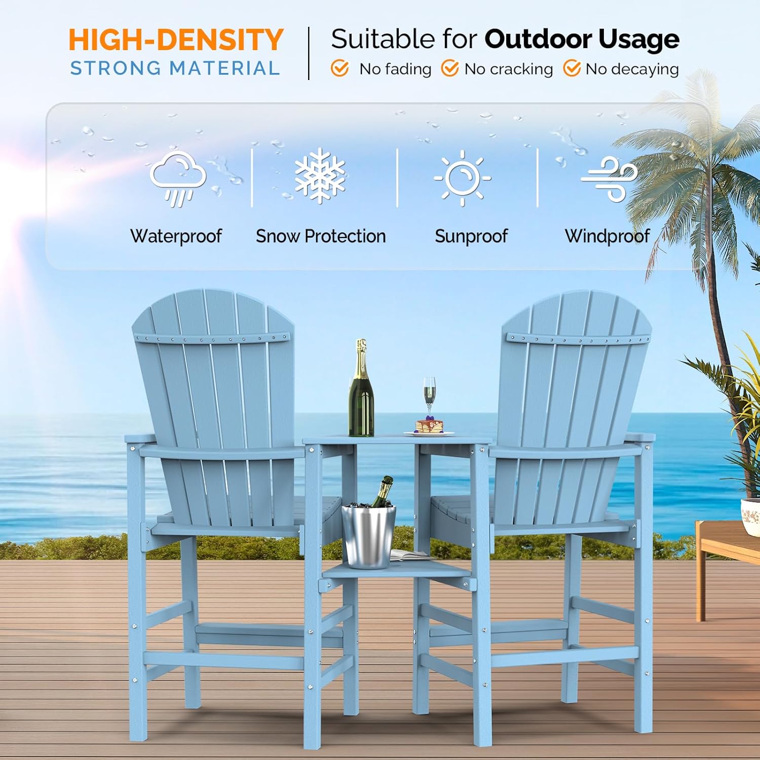 VINGLI Tall Adirondack Chairs Set of 2 with Dual Trays, All-Weather HDPE Outdoor BarStools Poly Deck Chairs for Patio, Poolside and Balcony (Blue)