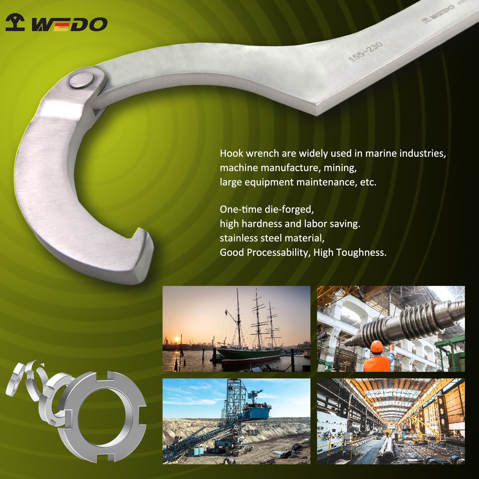 WEDO Llave de Gancho Ajustable C Llave Herramienta - 155-230mm,acero inoxidable,Inglesa Llave Sujeción Pinza C Gancho,Largo 400mm,resistente a la corrosión,forjada de una sola vez