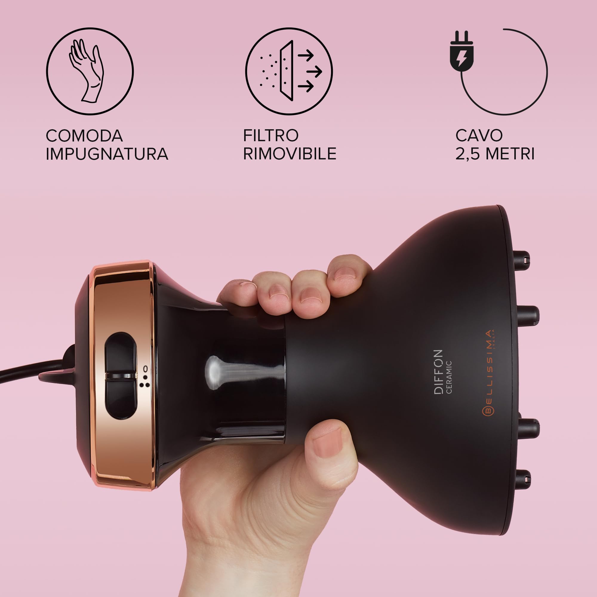 Bellissima Imetec My Pro Diffon Ceramic, Diffusore ad Aria Calda per Capelli Ricci, Tecnologia Ceramica, 700 W, 2 Combinazioni Aria/Temperatura, Asciugatura Delicata Senza Effetto Crespo