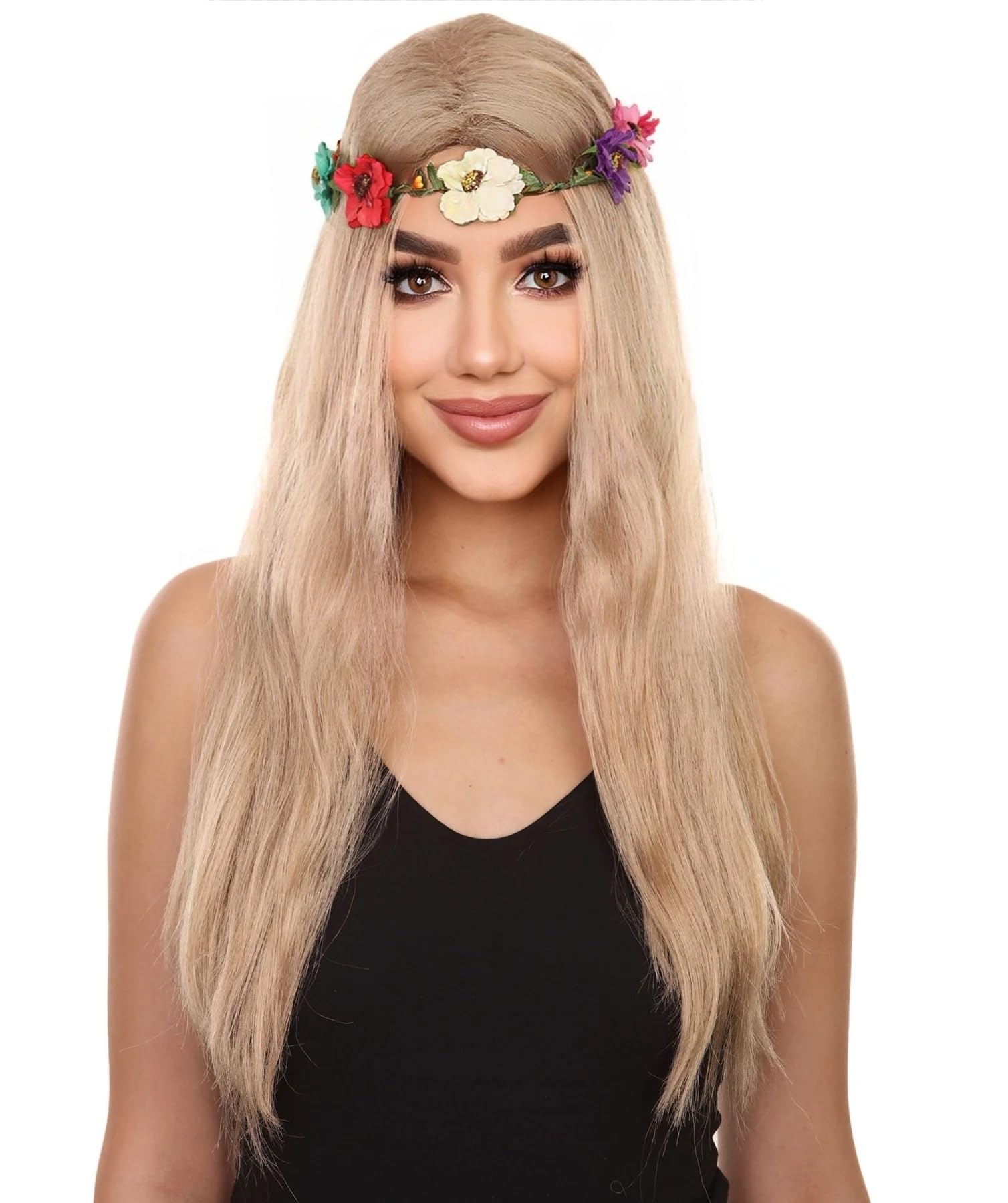 HPO Adult Women's Queen of Cats Wig with Flower Crown,Hippie Event Ready Halloween Wig for Party Ready Fancy Cosplay - Blonde