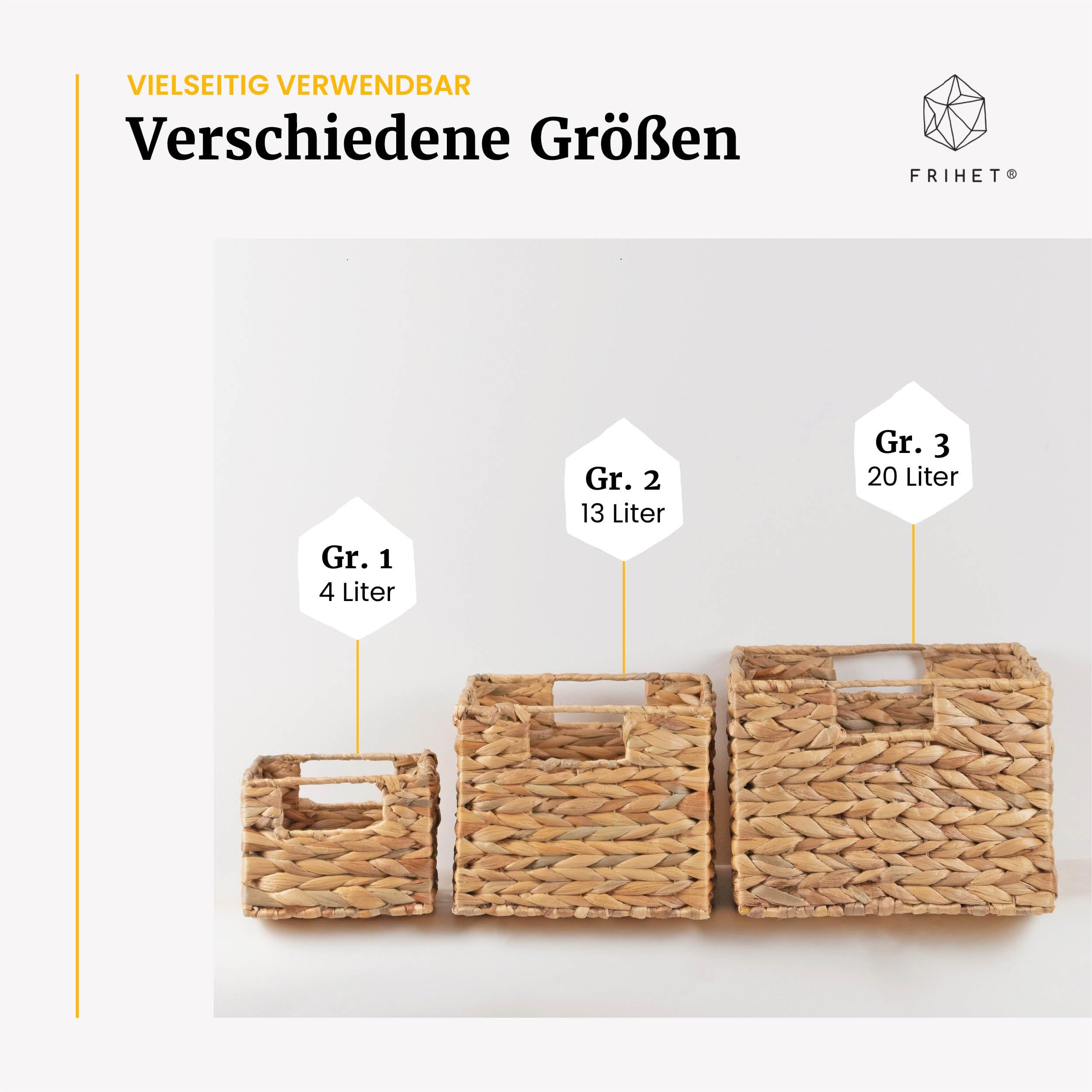 FRIHET Aufbewahrungskorb geflochten aus Wasserhyazinthe rechteckig | Aufbewahrungsbox mit Griffen | Wäschekorb klein, Kleiderschrank Organizer uvm. | versch. Größen (3er Set, Gr. 3)