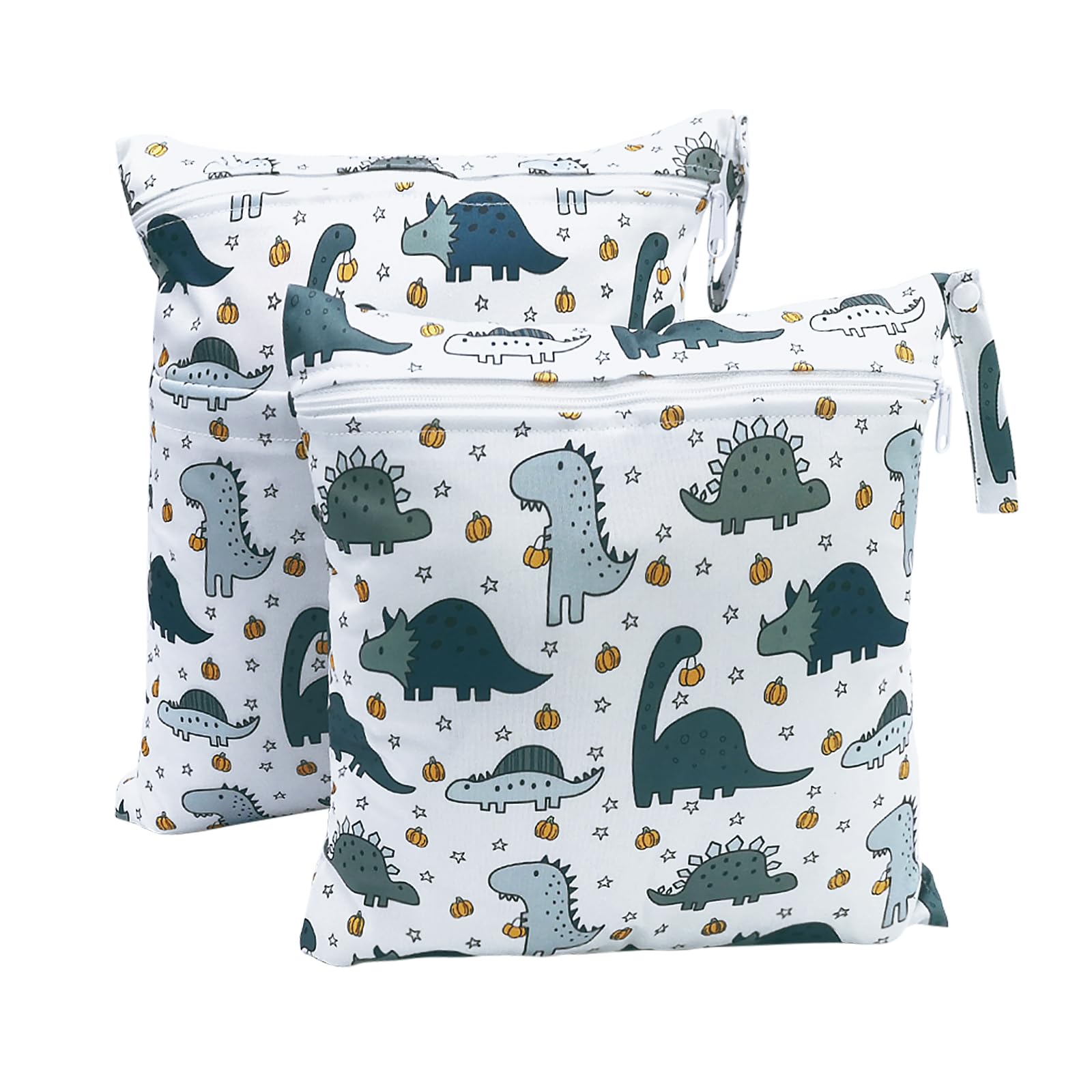 Baynetin 2 Packs Cartoon Print Wet Dry Bags | Waterproof Reusable Nappy & Swim Bag | Single Double Zipper Pouch for Swimming, Beach, Nursery & Travel (B-Dinosaur)