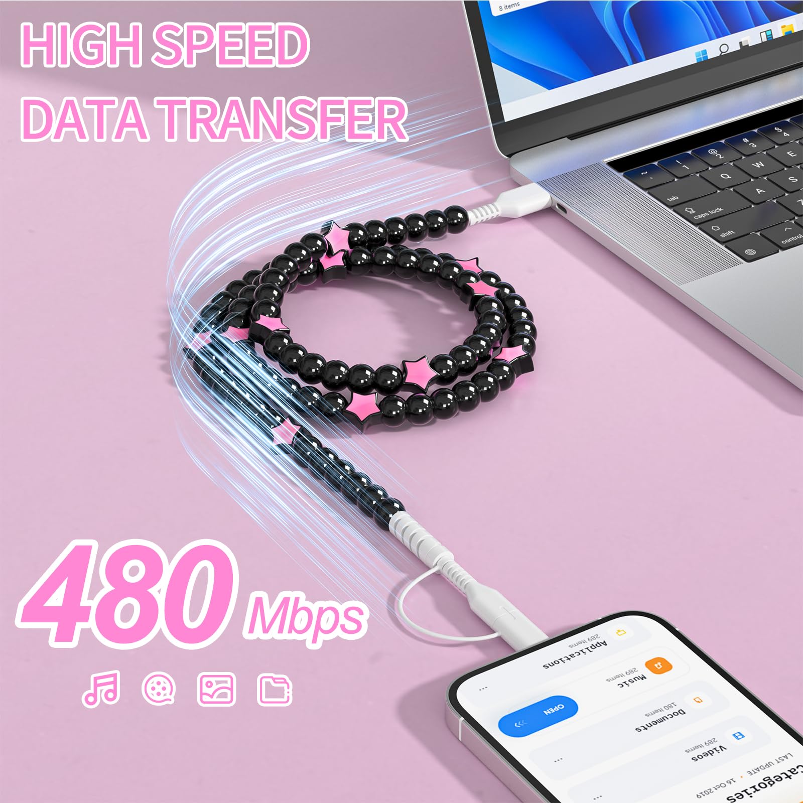 VOFUOE USB C Kabel für iPhone 17 Ladekabel USB A auf Typ C Kabel 2 in 1 Multi Ladekabel Star Beaded Charger Cable 3.3FT Fast Charging for iPhone 16/15, Galaxy S24/S25 Ultra-Black & Pink
