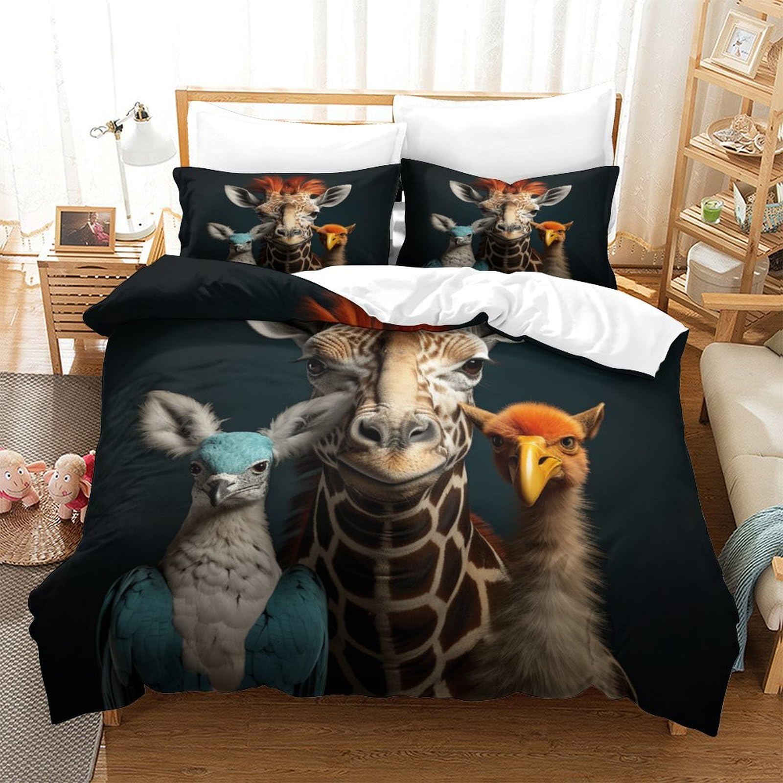 P1S9U7W5Y Vivid Animal Pattern 3D Printed Duvet Cover Set 3 Pieces Microfiber Giraffe Cartoon Bedding Set for Adults Bedroom Decor Double（200x200cm）