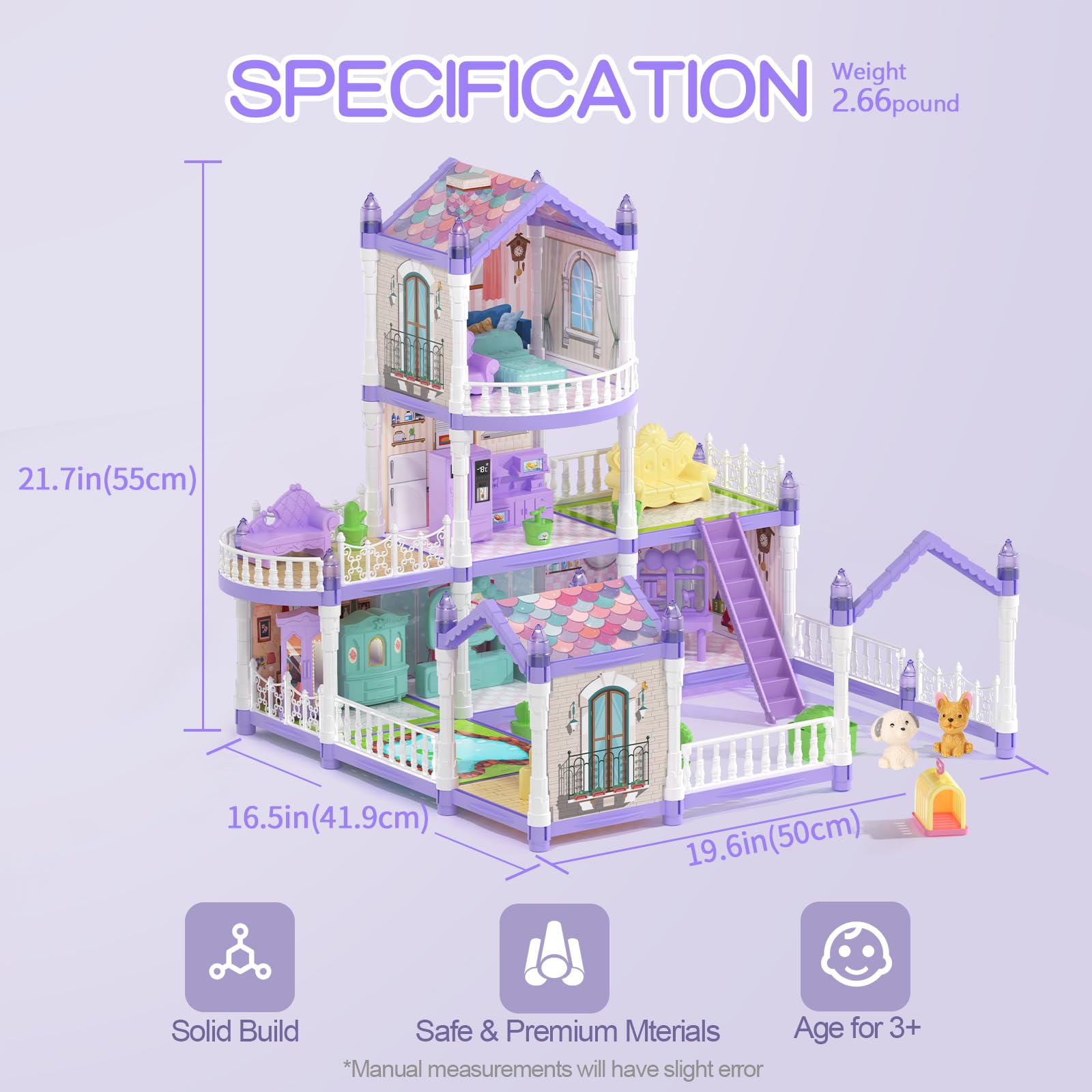 Juego de casa de muñecas de princesa, casa de muñecas morado lila con 9 habitaciones en 3 pisos, incluye 2 muñecas, 2 mascotas, 12 muebles y otros accesorios, regalo perfecto para niñas casa de