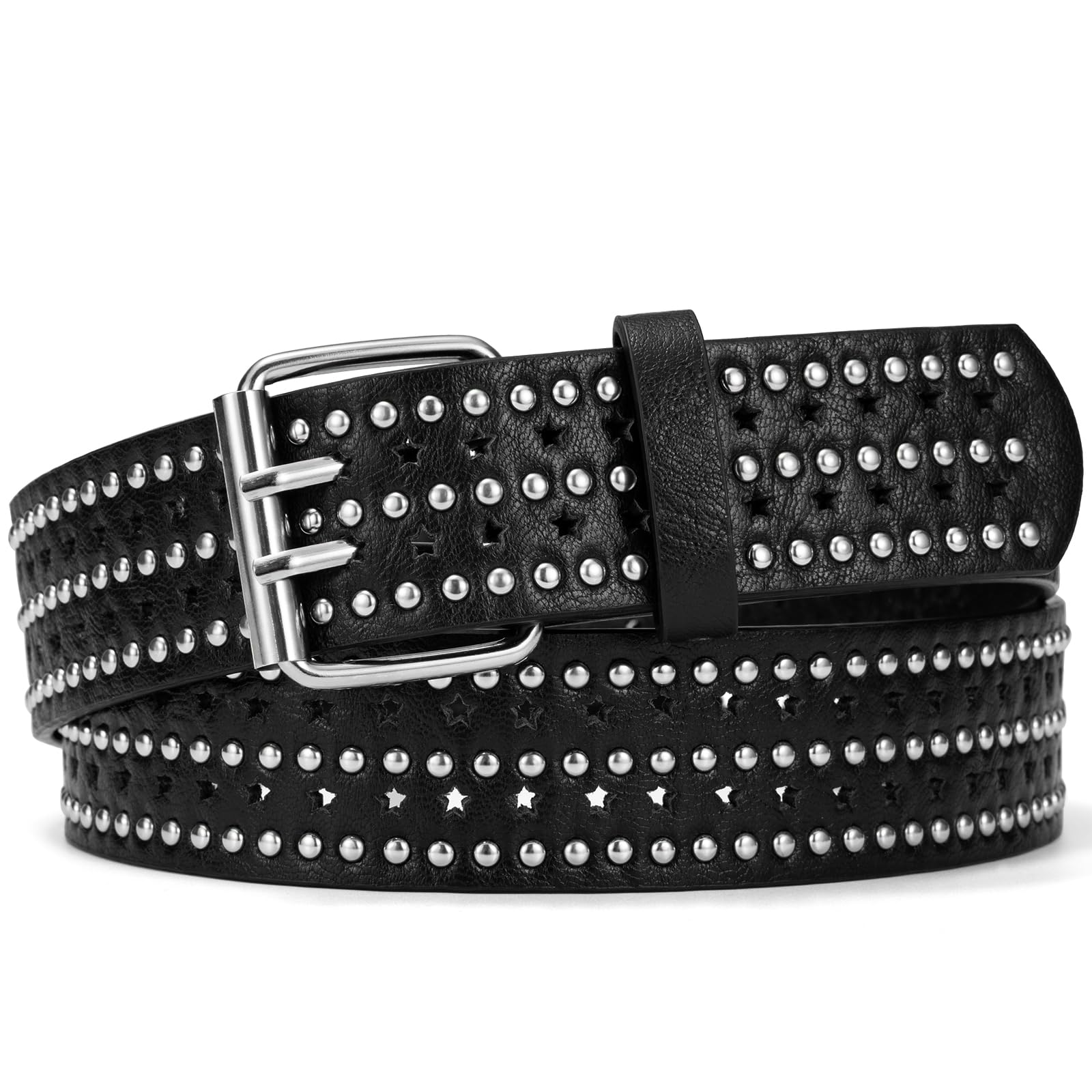 Alphyly Neries Grommet Leather Belts for Women & Men, Double Prong Buckle Vintage Punk Jeans Belts