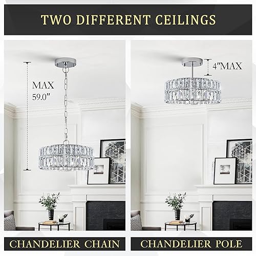 Miniatura 8 de Candelabros de cristal cromado, moderna lámpara de techo semiempotrada, pequeña lámpara colgante de cristal redondo de 4 pulgadas, 12 pulgadas de