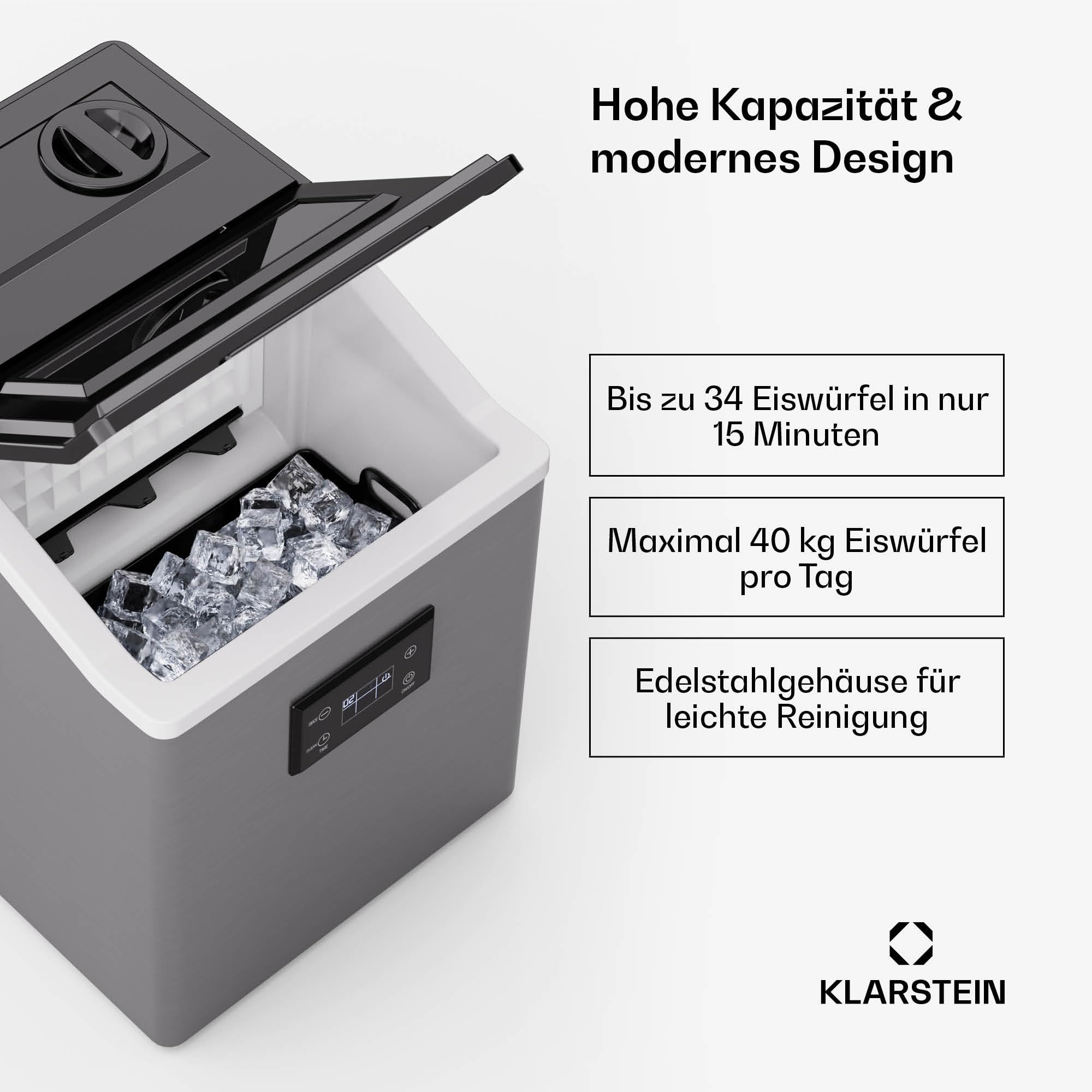 Klarstein FrostMaster Eiswürfelmaschine - 40 kg/Tag, 34 Eiswürfel in 15 Min, Edelstahl, LED-Bedienfeld, Eisportionierer, Eiswürfelbereiter, Ice Maker, Eiswürfelspender