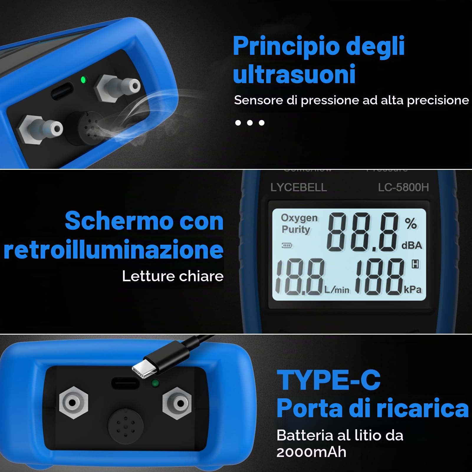 5800H Rilevatore di Ossigeno Portatile ad Ultrasuoni, 3-in-1 Misuratore per Concentrazione, Flusso e Pressione O2 di Generatore Domestico, 0-10 L/min & 0-199kPa, con Allarme Automatico