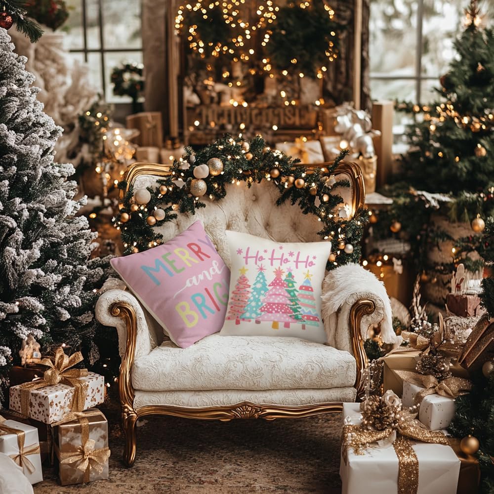 GEEORY Christmas Throw Pillow Covers 18 x 18 Inch Set of 4, Xmas Trees Truck Merry and Bright Pink Striped Holiday Farmhouse Decorative Cushion Cases for Home Decoration G581-18 - Image 7