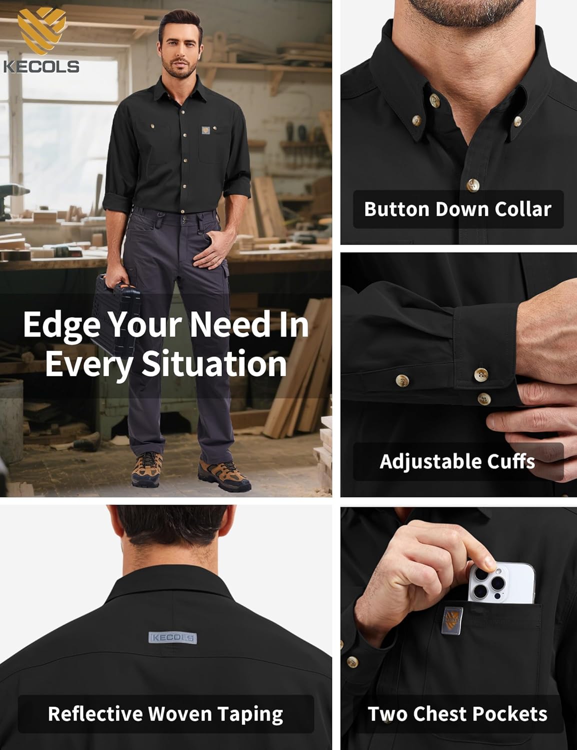 Mens Regular Fit Long Sleeve Work Utility Button Down Shirt with Chest Pockets-UPF,Reflective Safety - Image 4