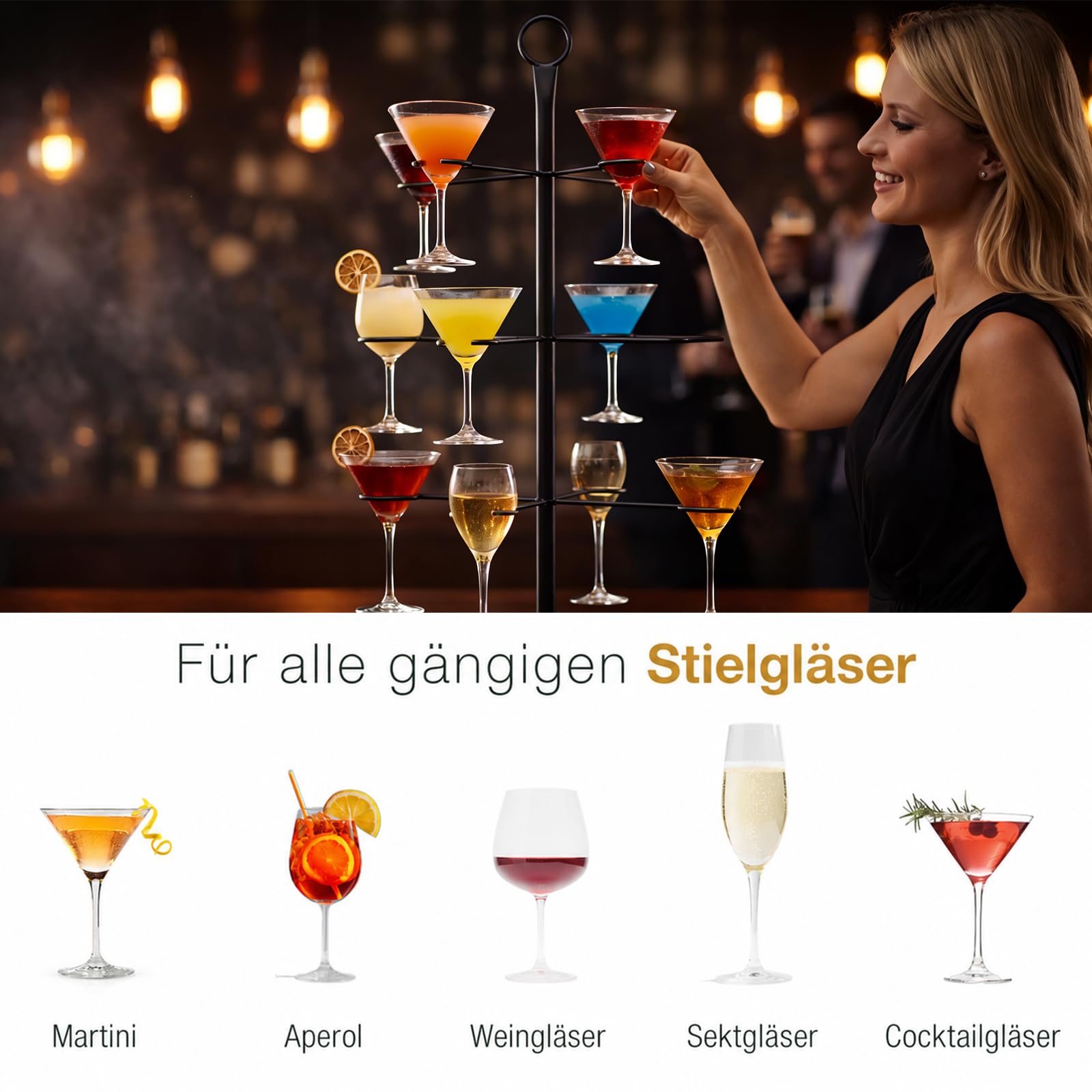 Wieża na napoje, stojak na koktajle z metalu, 3 poziomy, 12 szklanek, stojak na drzewko koktajlowe do baru, domu, na imprezę, do ginu, aperolu, koktajli, martini, szampana, wina (czarny)