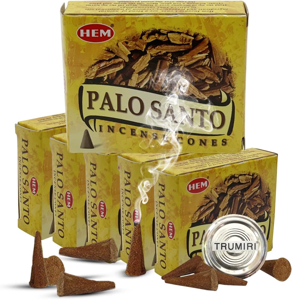 Palo Santo Incense Cones and Burner Holder Bundle from Hem Incense Trumiri for Smudging and Aroma - Pack of 6 (Approx 60 Cones)