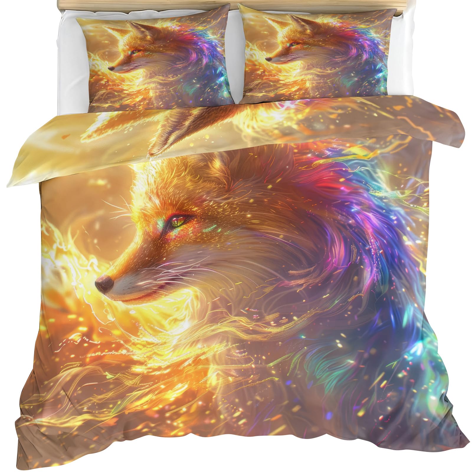 YEMYOR Fox Comforter Cover, Colorful Fox Duvet Cover Super King 260x220 cm, Gold Mythical Animal Bedding Set with 2 Pillowcases