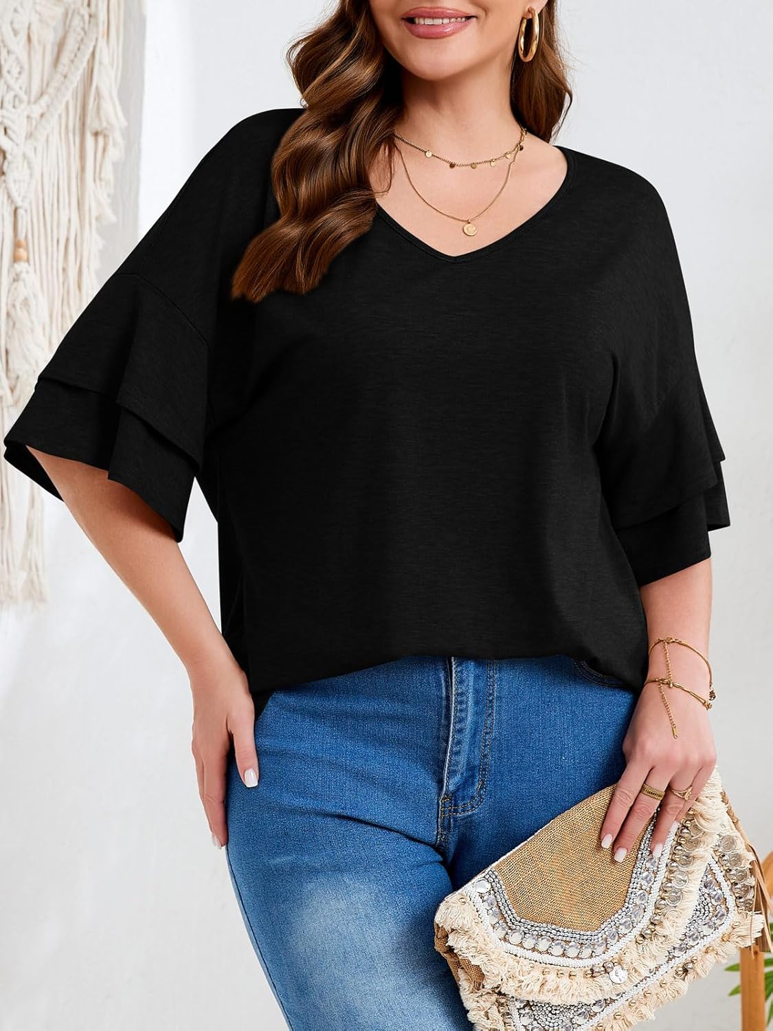 Beautife Womens Plus Size V Neck T Shirts Short Ruffle Sleeve Blouses 2026 Summer Casual Loose Fit Knit Tops - Image 4