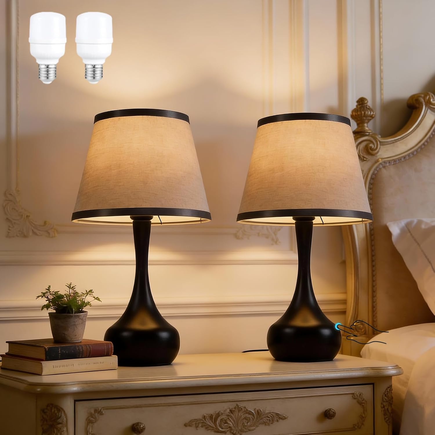 17" Touch Table Lamp for Bedroom Set of 2，3-Way Dimmable Bedside Lamps for Nightstand，Small Lamp with Linen Shade for Bedroom, Living Room, Kids Room, Office (9W LED Bulb Included)
