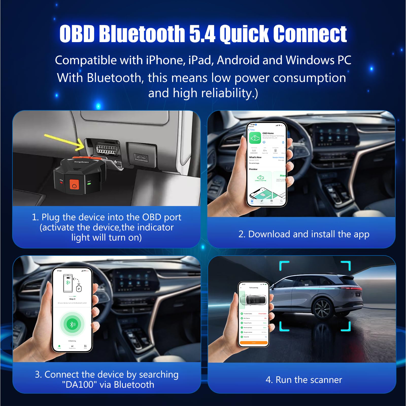 Bluetooth OBD2 OBDII Car Diagnostic Code Reader Scanner – IOS, Android, PC