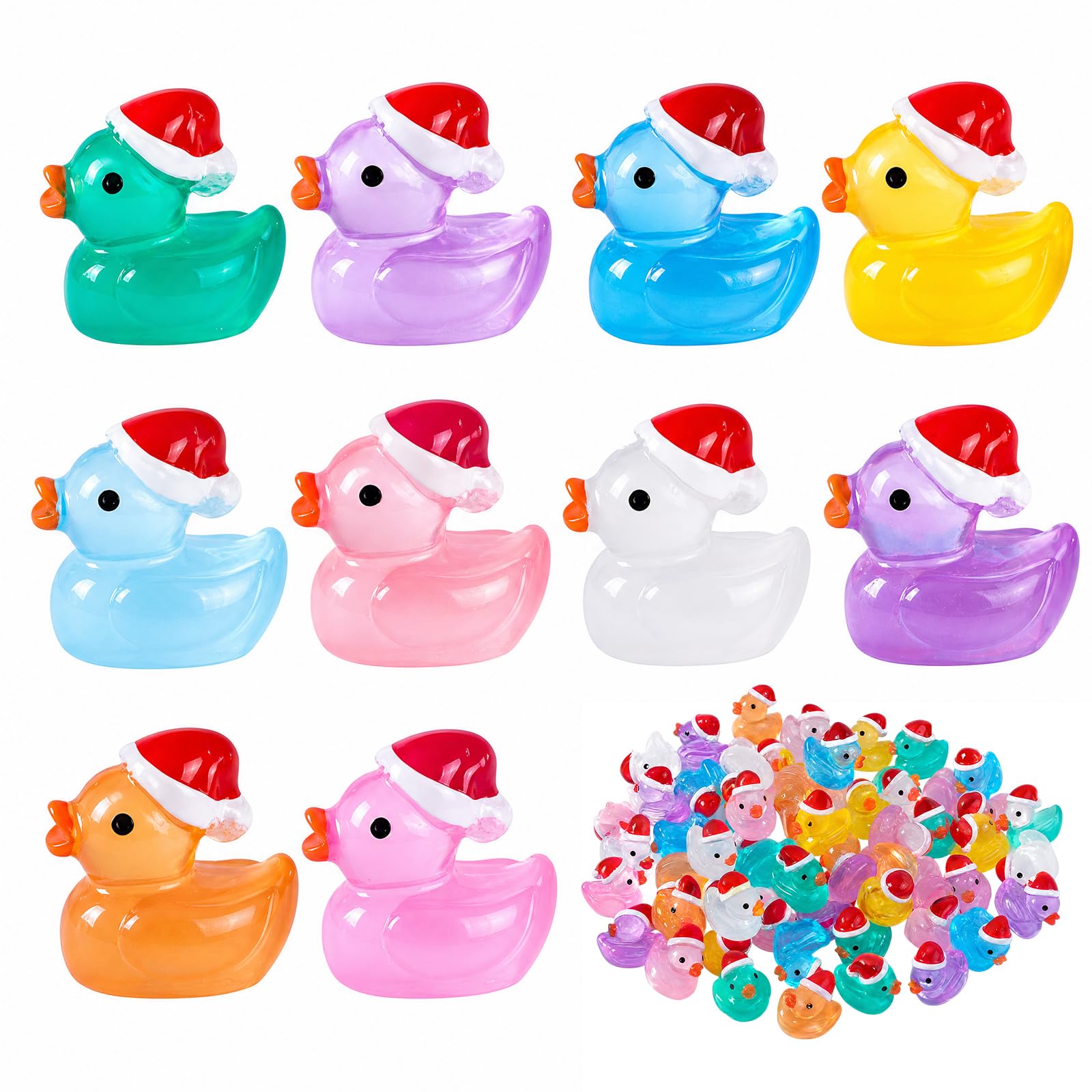 50 Mini Resin Ducks,50 Randomly Assorted, Christmas Hat, Waterproof Resin, Ideal For DIY Crafts, Party Bag Fillers, Miniature Scenes