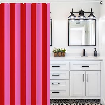 Luxury Shower Curtain Liner Set, Stripe Red Hot Pink Black Bathroom Curtains Waterproof & Washable Curtains for Bathtub, 60 X 72inch