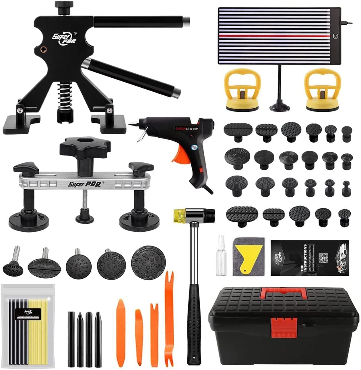 Super PDR Paintless Dents Repair Kit - Car Dent Puller Hand Tool kit with Upgrade LED Reflector Board (3 Brightness Controls) for All Kinds of Car Body Dent Remover