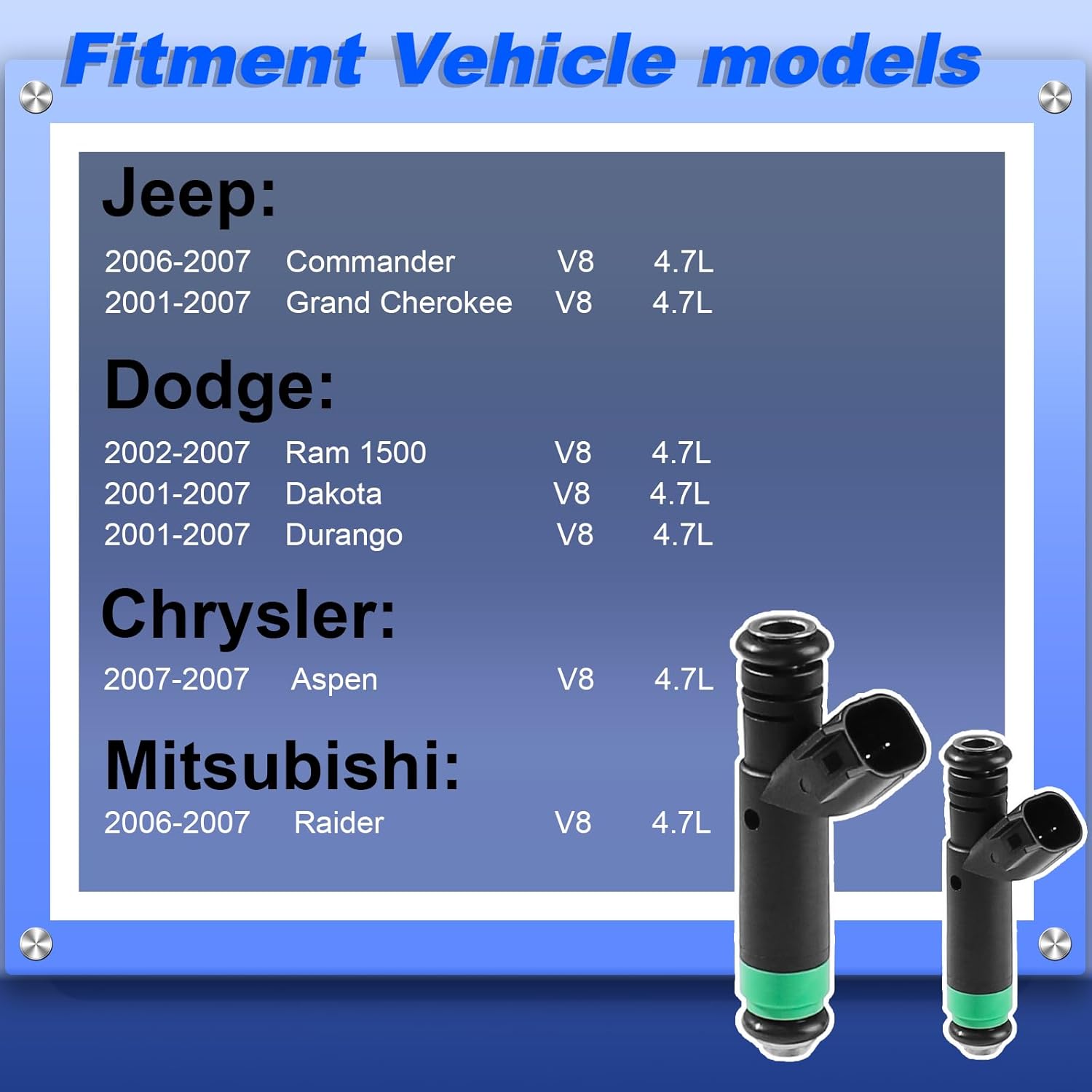 FJ475 Fuel Injectors Fit for 2001-2007 Jeep Grand Cherokee (4.7L) Commander, for 2001-2007 Dodge Ram 1500 (4.7L) Dakota Durango, for 2007 Chrysler Aspen, for 2006-2007 Raider OE# 800-1482N 丨 8Pcs