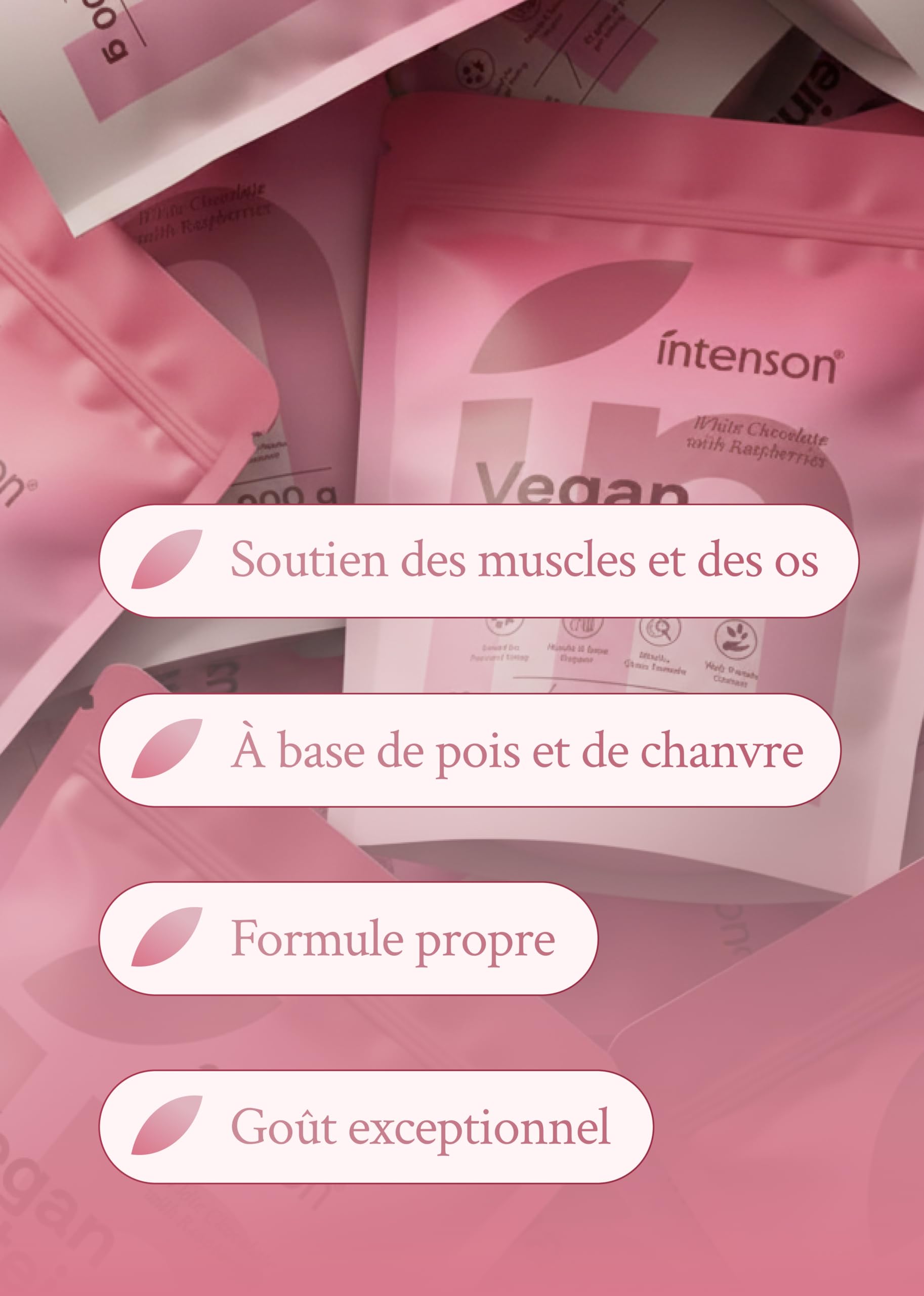 Intenson Vegan Protein Powder Chocolat Blanc Framboise, 900 g, 21 g de Protéines par Portion, 30 Portions, Mélange Pois & Chanvre, 100% Végétal, Sans Lactose, Sans Gluten, Sans Sucre, Formule Clean