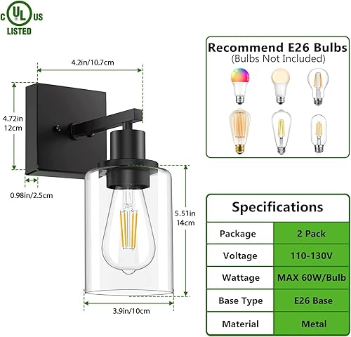 Miniatura 3 de Licperron Juego de dos apliques de pared negros para tocador, lámpara de pared moderna con pantalla de vidrio transparente para baño, lámpara de