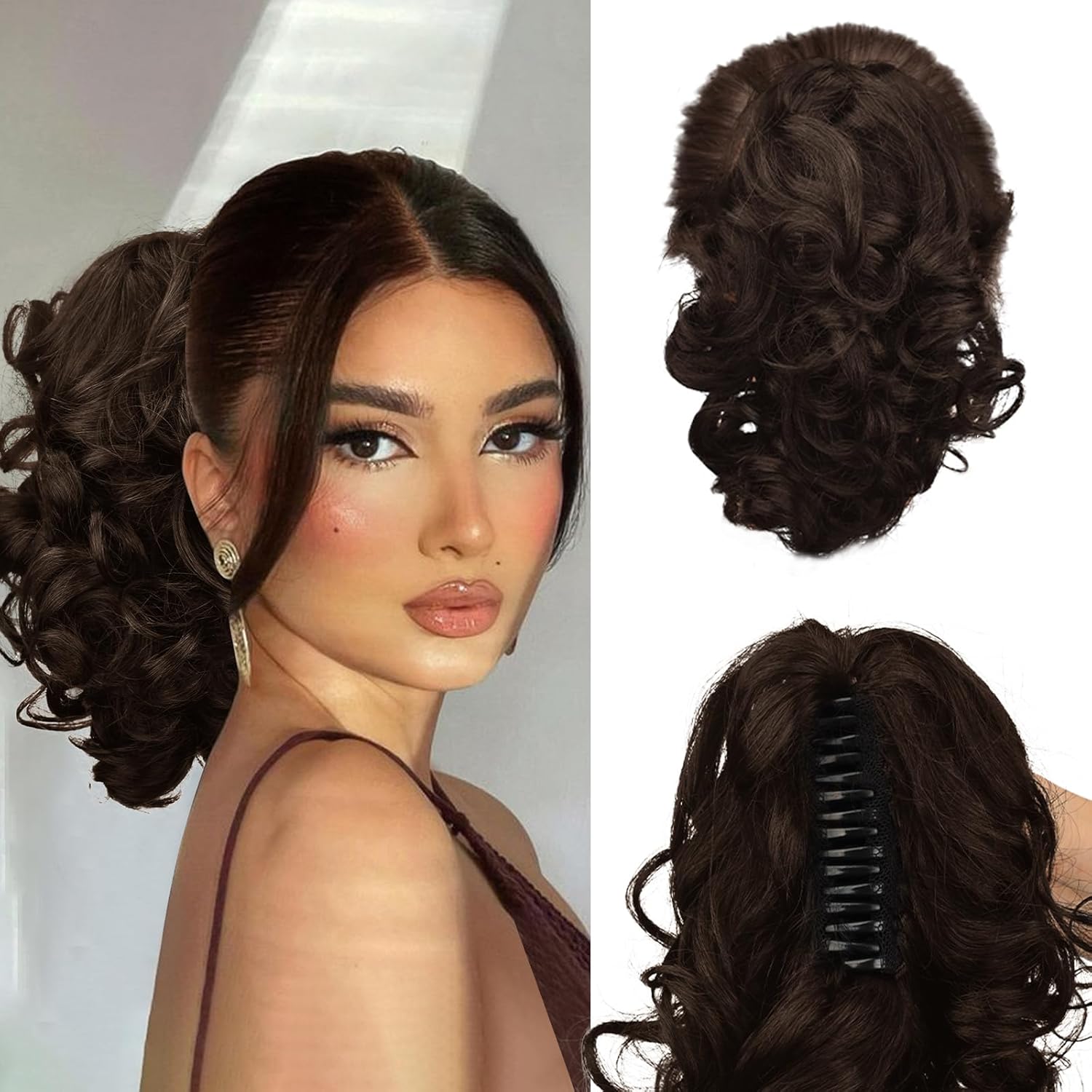 Ponytail Extensions Real Human Hair Claw Clip in Pony Tails for Women Curly Ponytails Hair Extension 10 inch Dark Brown