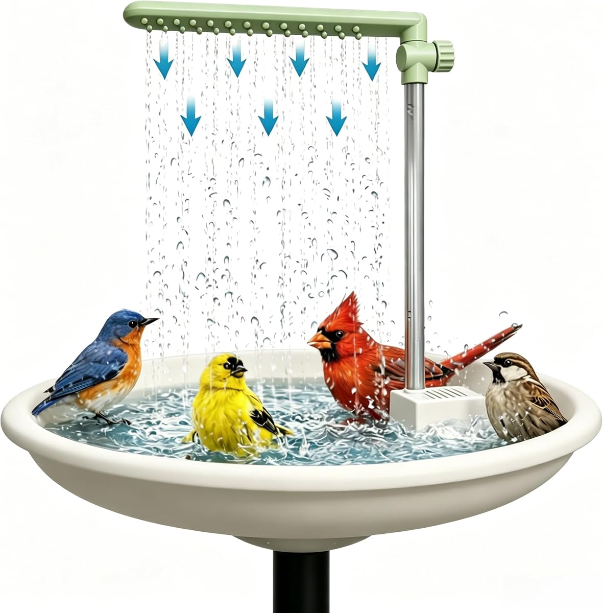 Bomba de fuente para baño de pájaros, grifo de ducha para baño de pájaros al aire libre con válvula de control de flujo de agua (modos de goteo y lluvia), bomba de circulación de agua eléctrica de bajo ruido de 5 V para accesorios de baño de pájaros de jardín