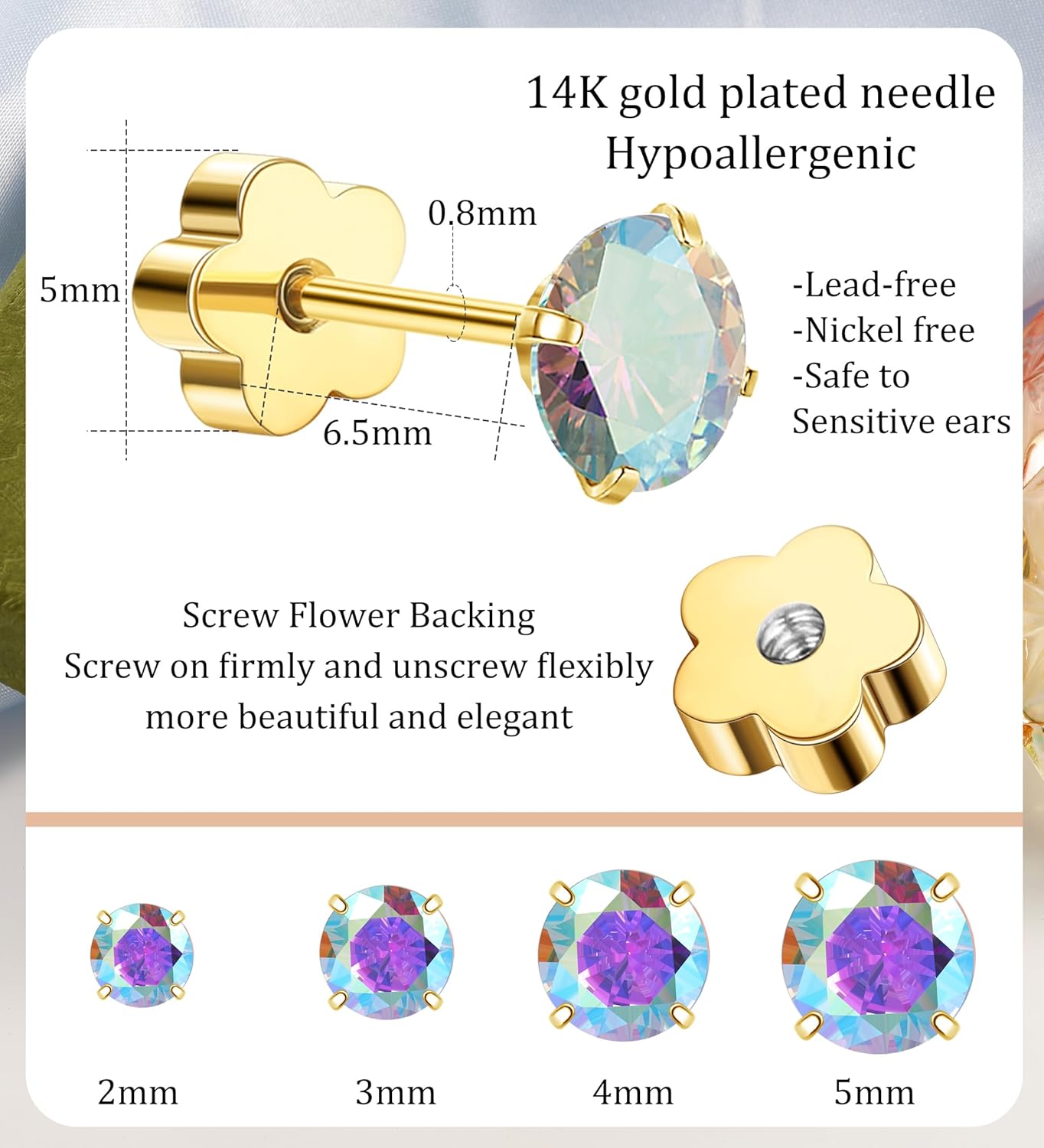 4Pairs AB Cubic Zirconia Earrings Studs Flat Back Earrings for Women 14K Gold CZ Flatback Stud Earrings Hypoallergenic Cartilage Nap Earrings - Image 3