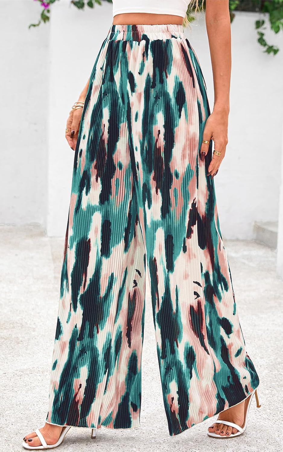 PRETTYGARDEN Womens Pants Dressy Casual Wide Leg Graphic Print Lounge Pants Women Comfy High Waist Pleated Palazzo Pants - Image 3