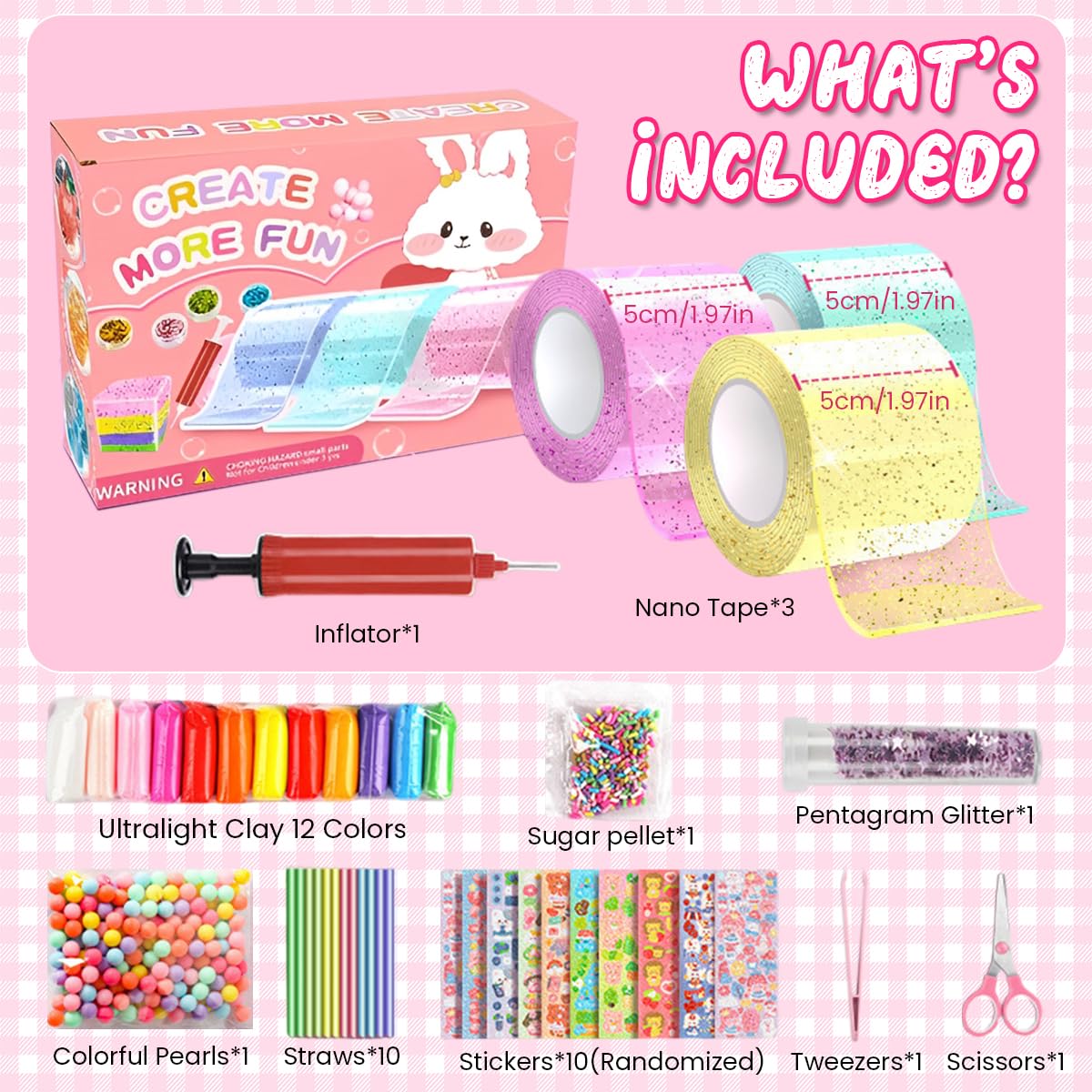 HASTHIP® DIY Nano Tape Bubble Clay Craft Kit for Kids,DIY Puffy Confetti Tape Art Kit,Squishy Making Maker for Kids Includes Assorted Decorative Fillings Stickers Children's Day Gift
